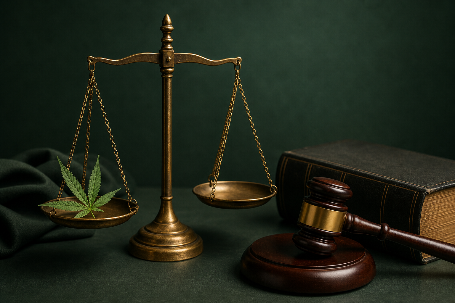 Balance de justice et feuille de chanvre, symbole de la légalité du CBD en France