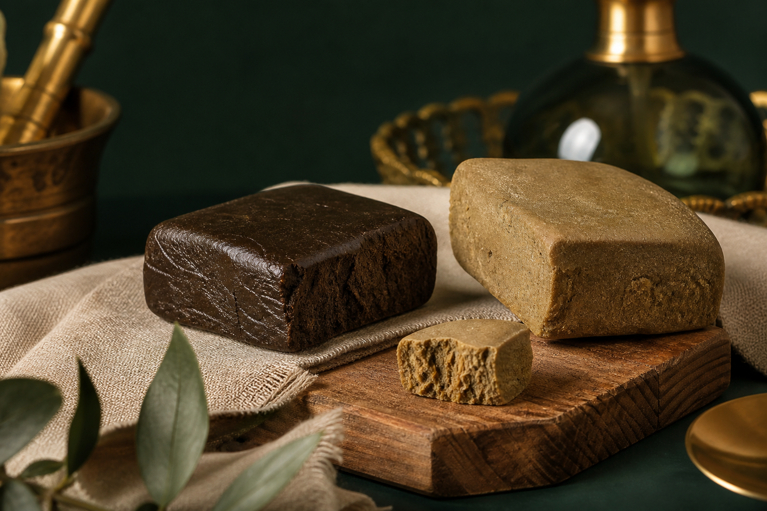 Résine CBD artisanale, blocs de hash sur fond beige