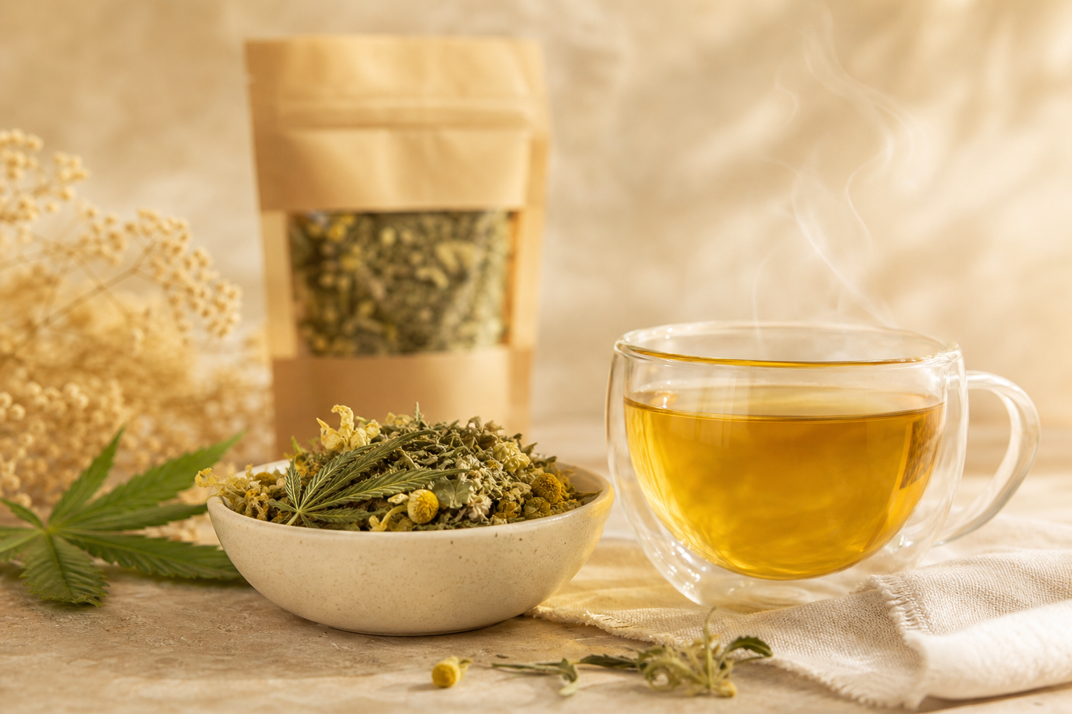 Infusion CBD bio chanvre verveine camomille dans une tasse